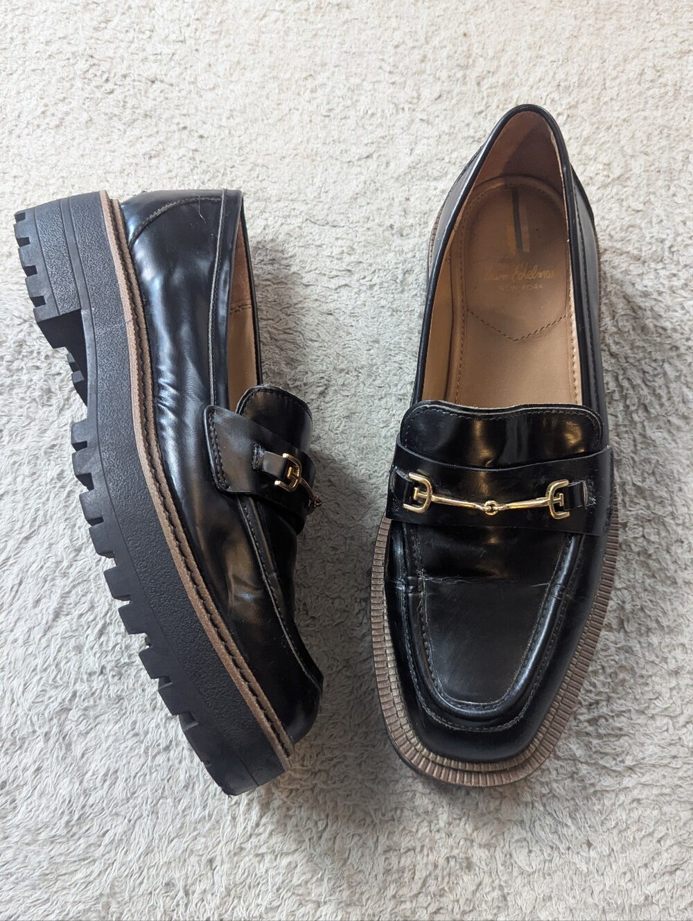 Sam Edelman Size 8.5 Black Leather Chunky Lug Sole Horsebit Loafers